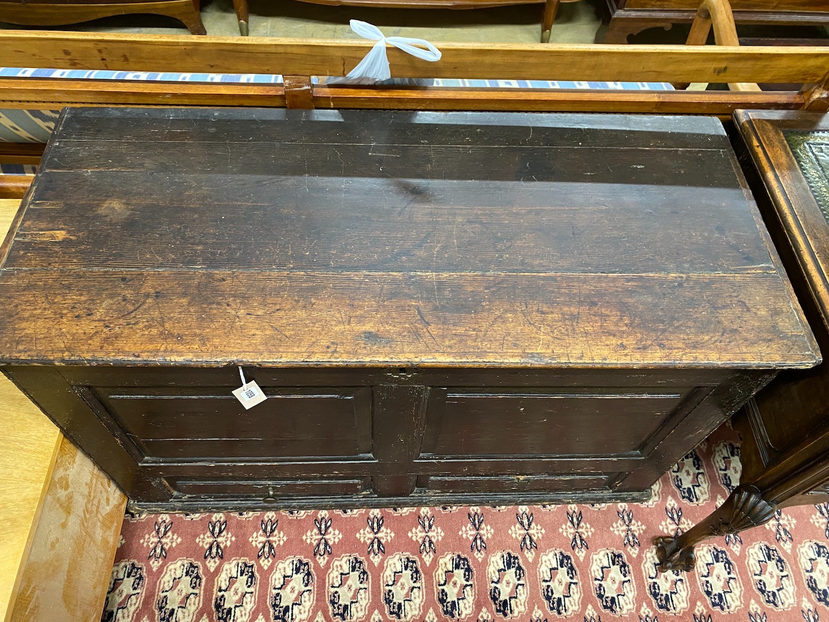 An 18th century pine mule chest, width 120cm, depth 52cm, height 76cm